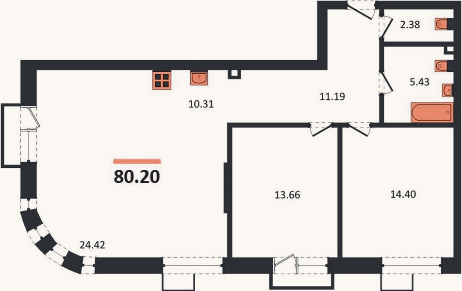 Планировка: 2-к, 80,2 м²