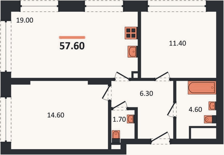 Планировка: 2-к, 57,6 м²