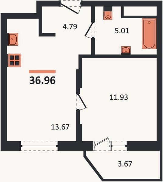 Планировка: 1-к, 37 м²