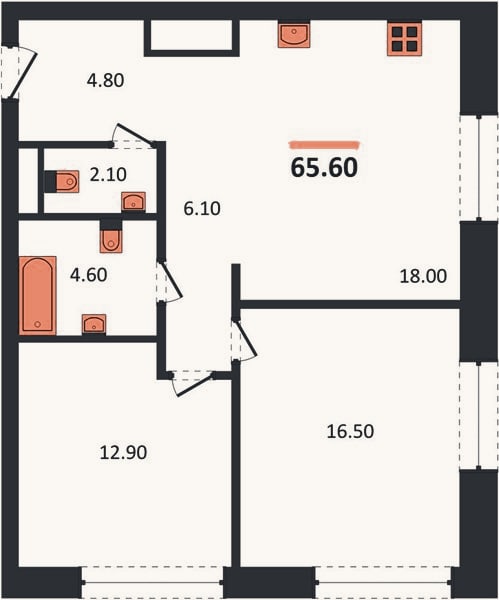 Планировка: 2-к, 65,6 м²