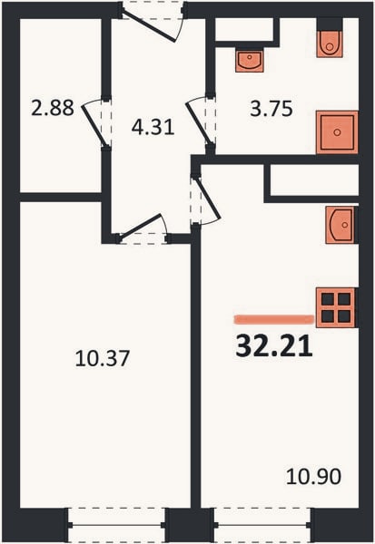 Планировка: 1-к, 32,2 м²