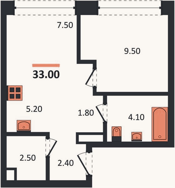 Планировка: 1-к, 33,3 м²