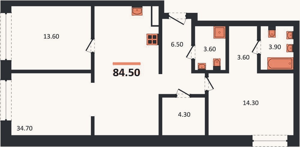 Планировка: 2-к, 84,5 м²