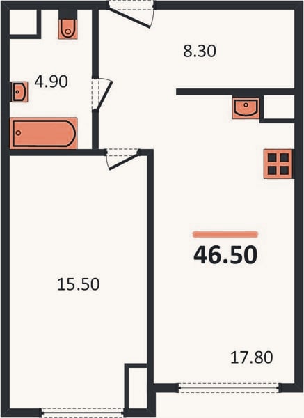 Планировка: 1-к, 46,5 м²