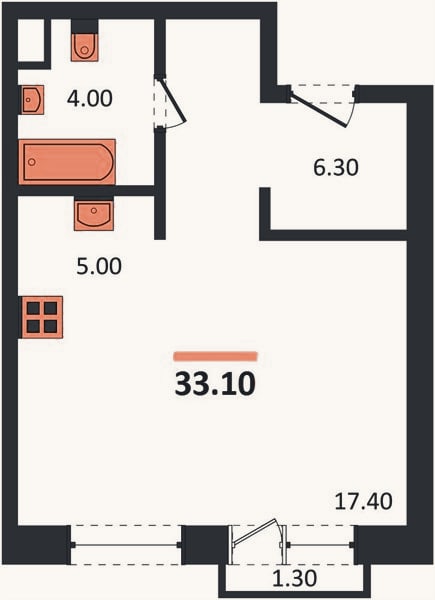 Планировка: Студия, 33,1 м²