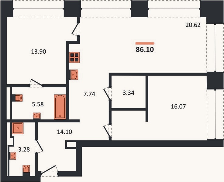 Планировка: 2-к, 86,1 м²