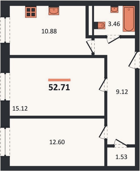 Планировка: 2-к, 52,7 м²