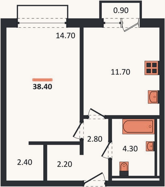 Планировка: 1-к, 38,4 м²