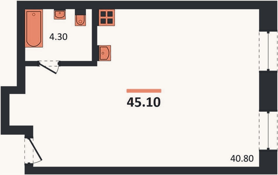 Планировка: Студия, 45,1 м²