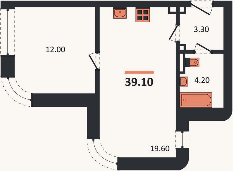 Планировка: 1-к, 39,1 м²