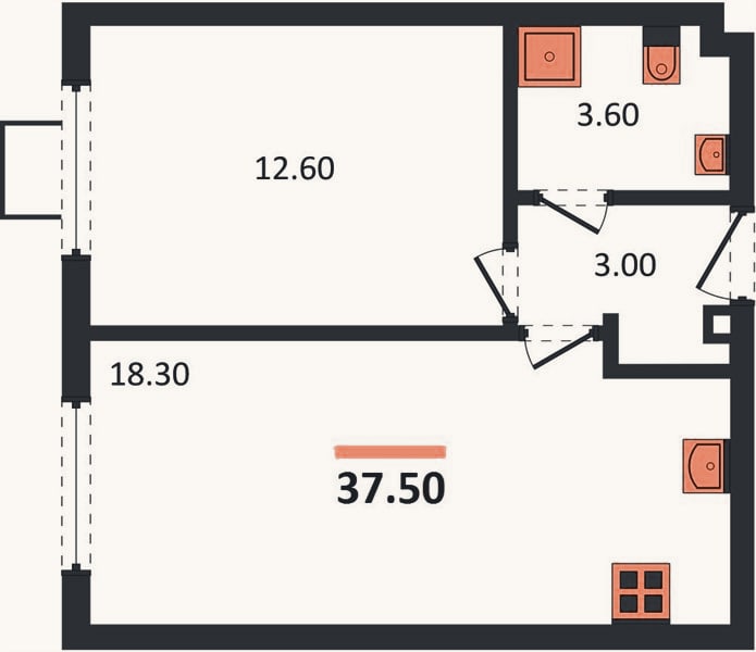 Планировка: 1-к, 37,5 м²