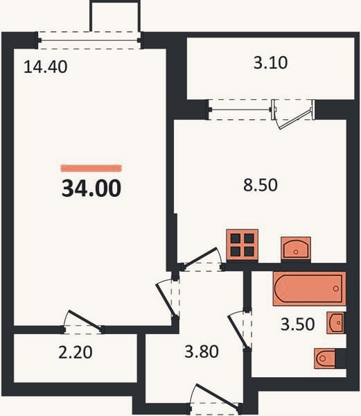 Планировка: 1-к, 34 м²