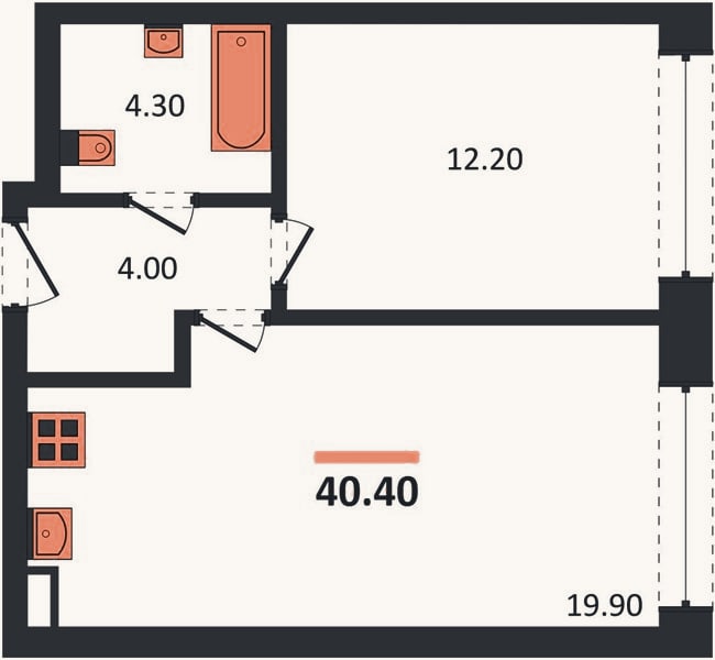 Планировка: 1-к, 40,4 м²