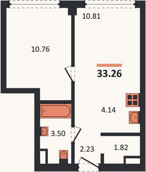 Планировка: 1-к, 33,3 м²