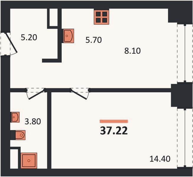 Планировка: 1-к, 37,2 м²