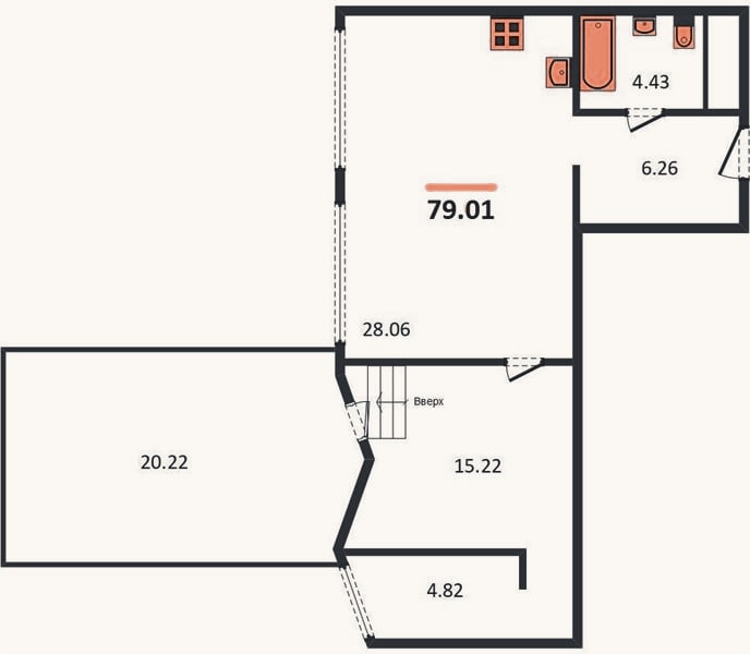 Планировка: 1-к, 79 м²