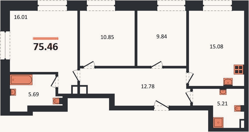Планировка: 3-к, 75,5 м²