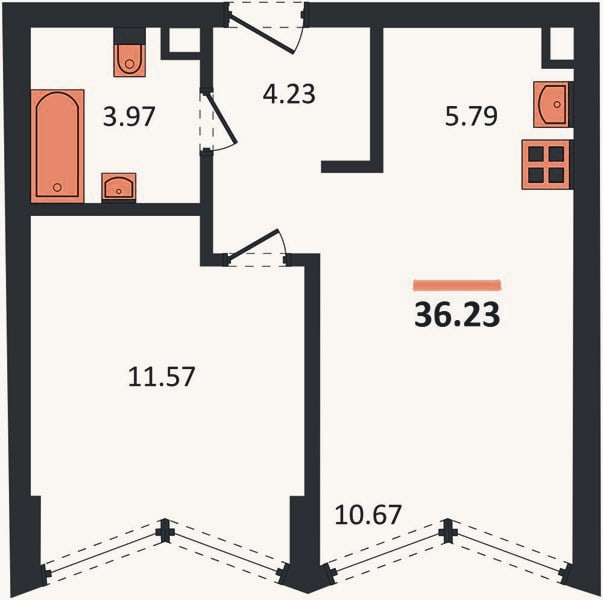 Планировка: 1-к, 36,2 м²