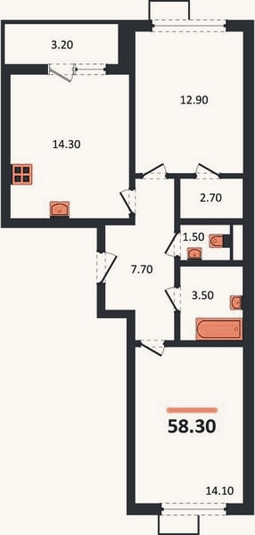 Планировка: 2-к, 58,3 м²