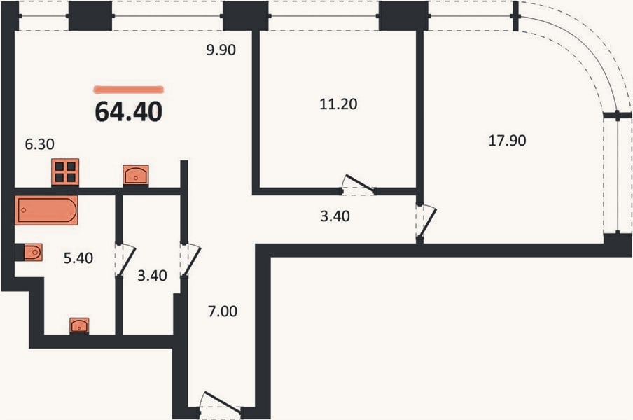Планировка: 2-к, 64,4 м²