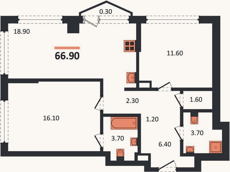 Планировка: 2-к, 66,9 м²