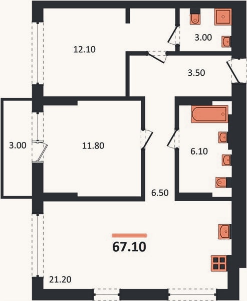 Планировка: 2-к, 67,1 м²