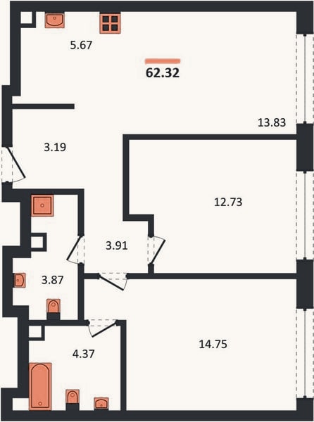 Планировка: 2-к, 62,3 м²
