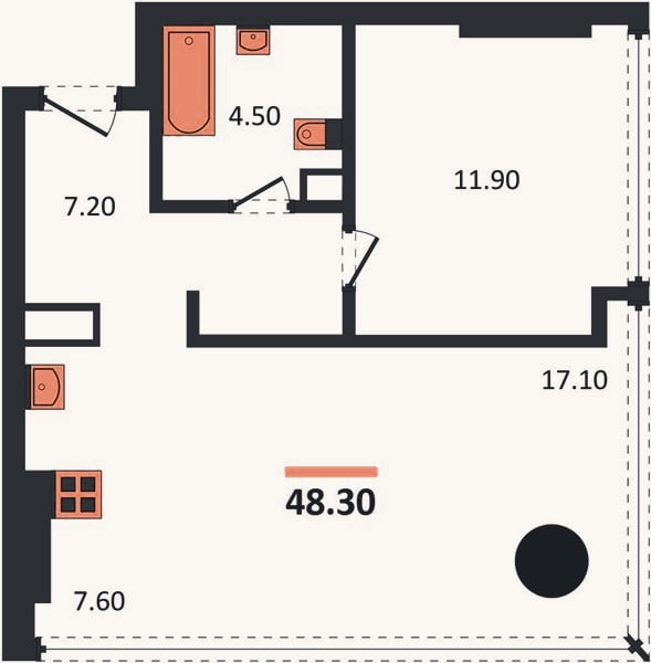 Планировка: 1-к, 48,3 м²