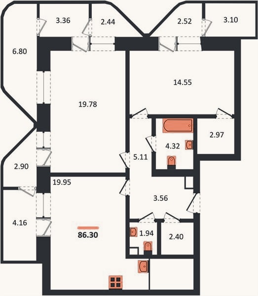 Планировка: 2-к, 86,3 м²