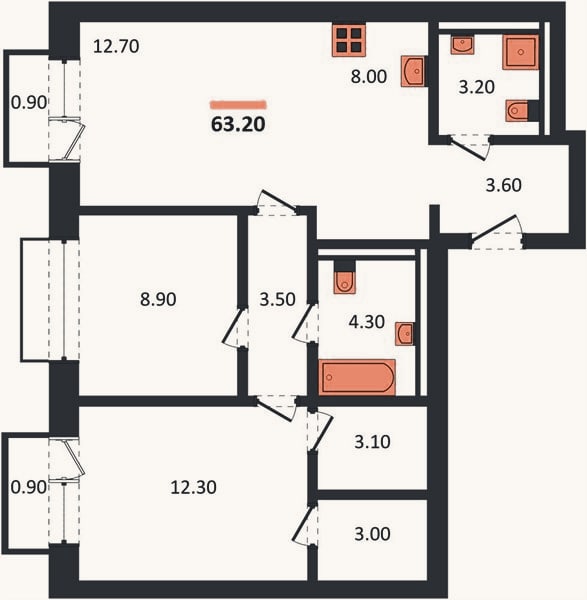 Планировка: 2-к, 63,2 м²