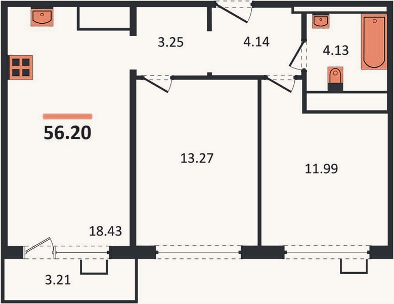 Планировка: 2-к, 56,2 м²