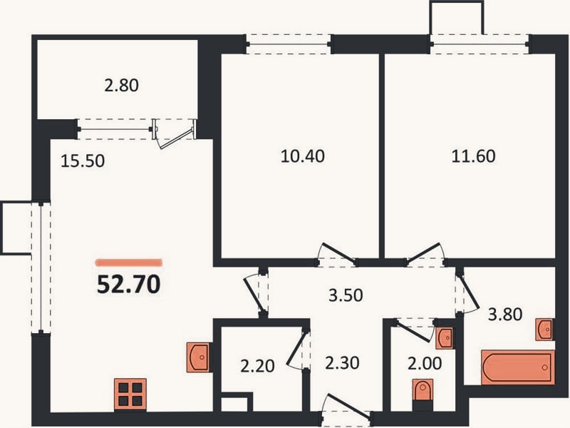 Планировка: 2-к, 52,7 м²