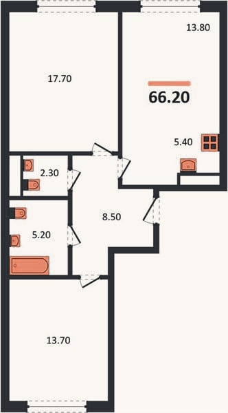 Планировка: 2-к, 67 м²