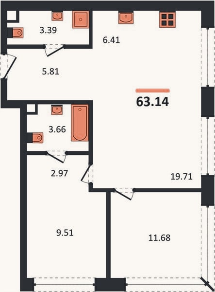 Планировка: 2-к, 63,1 м²