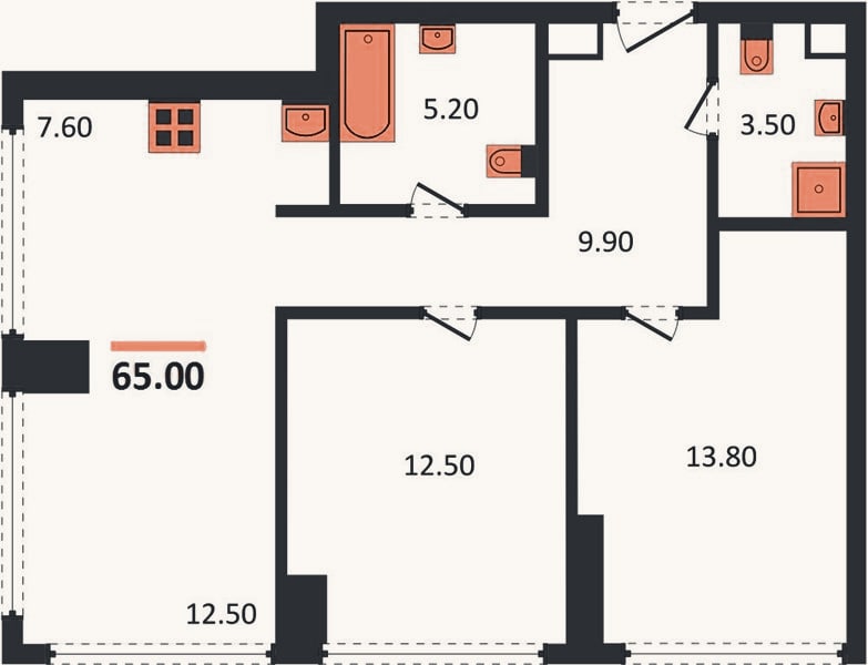 Планировка: 2-к, 65 м²