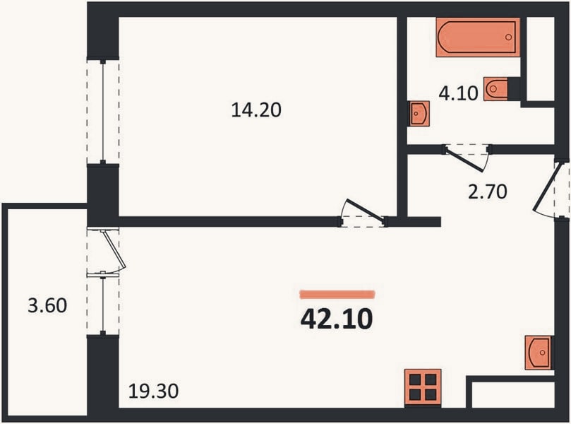 Планировка: 1-к, 42,1 м²