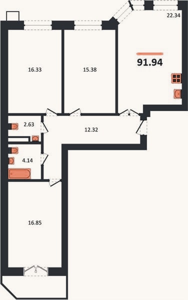 Планировка: 3-к, 91,9 м²