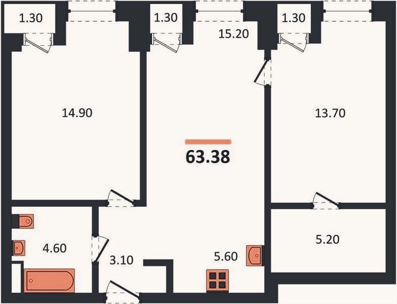 Планировка: 2-к, 63,4 м²
