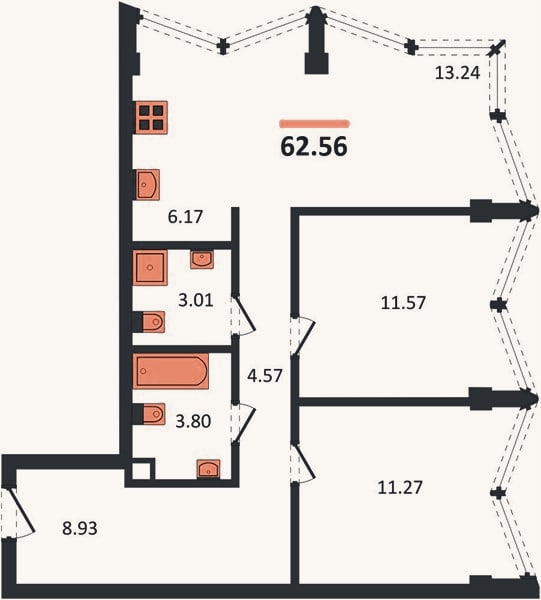 Планировка: 2-к, 62,6 м²