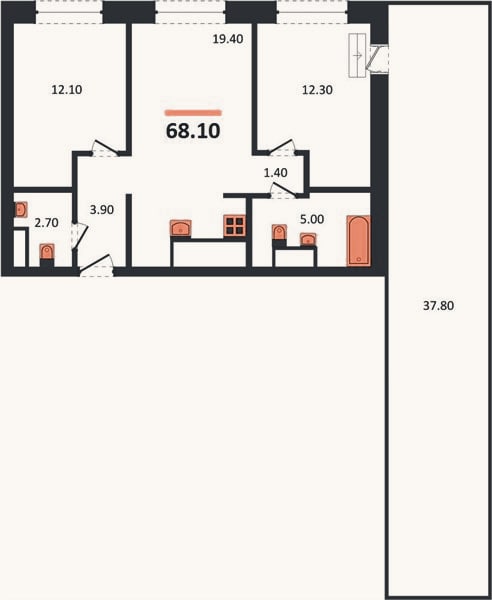 Планировка: 2-к, 68,1 м²