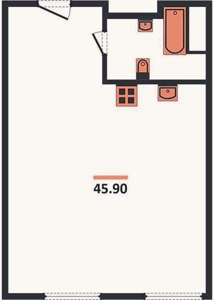 Планировка: 1-к, 45,9 м²