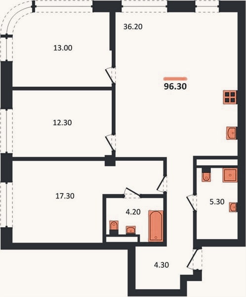 Планировка: 3-к, 96,3 м²