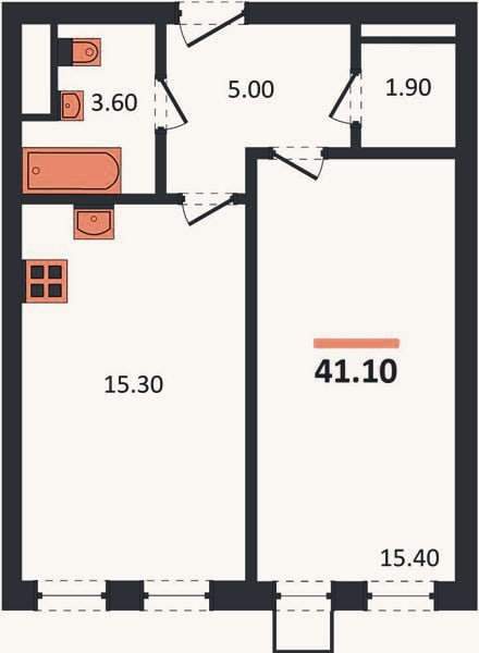 Планировка: 1-к, 41,1 м²