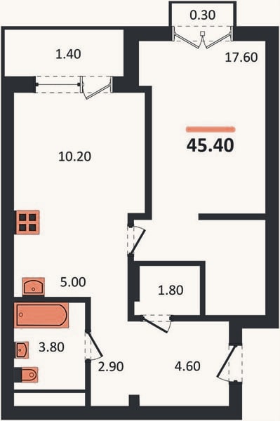 Планировка: 1-к, 45,4 м²