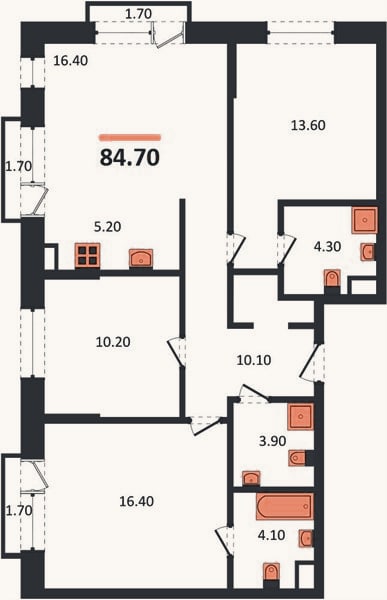 Планировка: 3-к, 84,7 м²