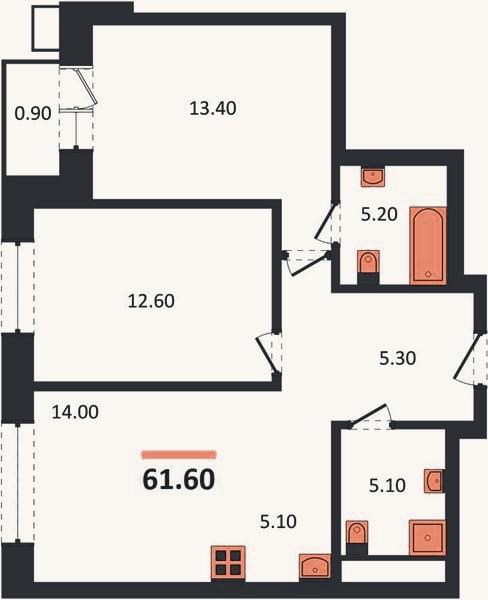 Планировка: 2-к, 61,6 м²