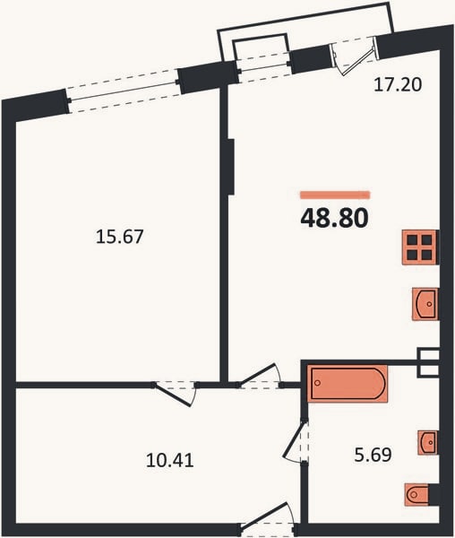 Планировка: 1-к, 48,8 м²
