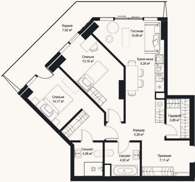 Планировка: 2-к, 79,2 м²