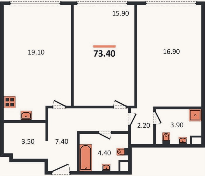 Планировка: 2-к, 73,4 м²