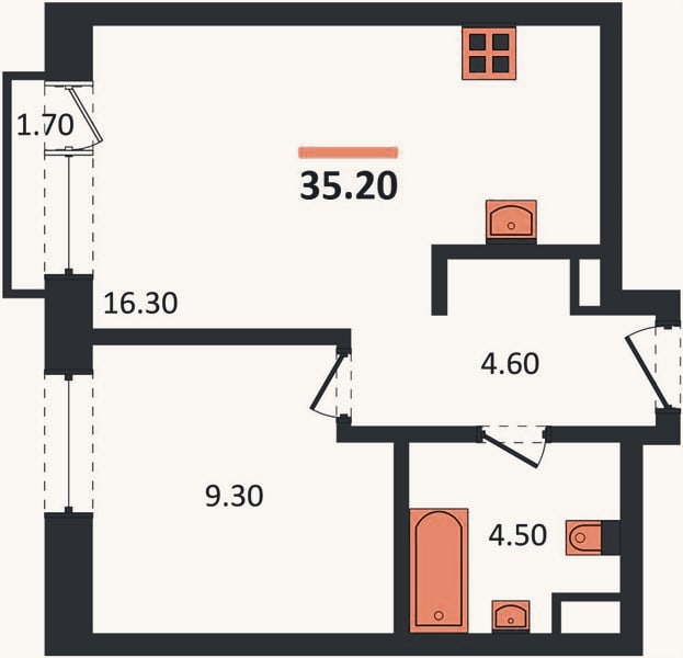 Планировка: 1-к, 35,2 м²